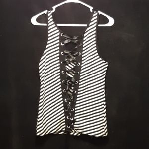 Lace-up back black and white striped tank
